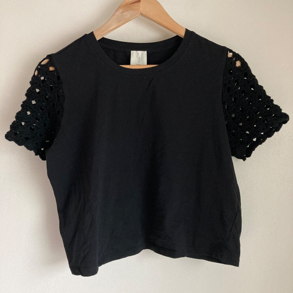 Joie Black Cotton Crochet Sleeve T-Shirt Top Womens Size Small Boho Crew Neck